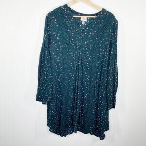 Knox Rose Womens Peasant Dress Green Floral Print Eyelet Long Sleeve Size M